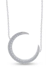 Simulated Diamond Crescent Moon Pendant Necklace 14K White Gold Plated Sterling