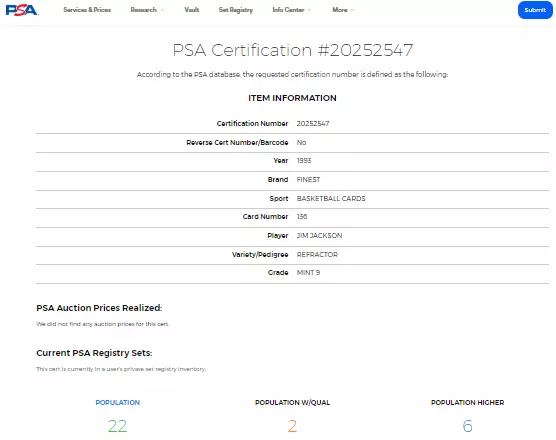 1993-94 Topps Finest Refractor 136 Jim Jackson PSA 9 *Solo 6 calificaciones superiores* Foto 3 de 3