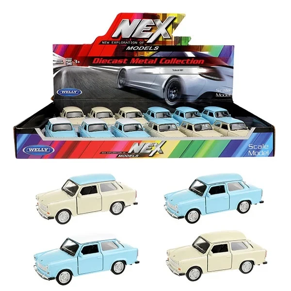 Modellino Trabant Trabi 601 DDR Oldtimer Auto 1:34-39 Blu Con Tetto Bianco - Immagine 3 di 3