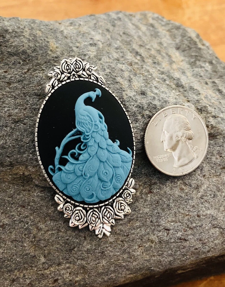 Broche Prendedor Camafeo Pavo Real, Color Azul Turquesa, De Colección Victoriano Plata Antigua Foto 2 de 4
