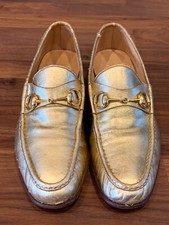 Vintage GUCCI Horse Bit Gold Metallic Leather Dress Shoe Loafers Size 43M/US 10M