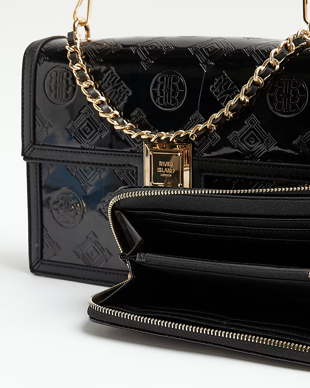 River Island BLACK EMBOSSED DOGTOOTH CROSS BODY shoulder BAG & purse