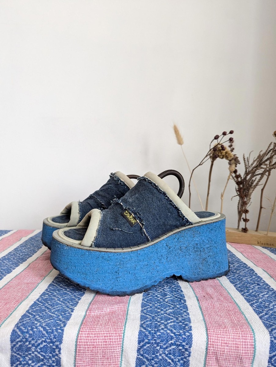 Vintage 90s Swear Platform Shoes UK Iconic Denim Blue - Main Image