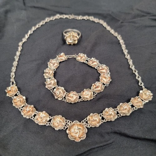 Vintage Sterling Silver 3D Rose Necklace Bracelet Adjustable Ring .925 MEXICO