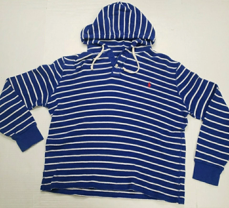 Polo Ralph Lauren Waffle Knit Thermal Henley Hoodie Men's LG Blue Striped EUC