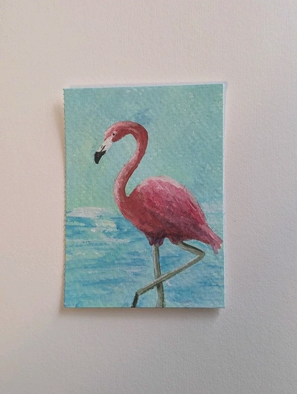 ACEO Original Art Card 2.5 x 3.5, Acrylic, Flamingo, Ocean, Summer, Katie Mart