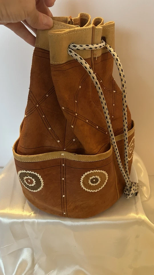 Cartera Bolso Cubo Vintage Hecha a Mano Cuero de Piel para Niños Suroeste con Cordón Foto 3 de 4