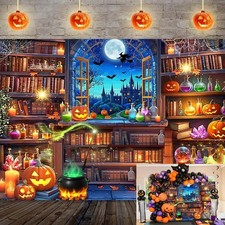 Halloween Magic Backdrop Window Bookshelf Pumpkin Witch Spooky Castle Background
