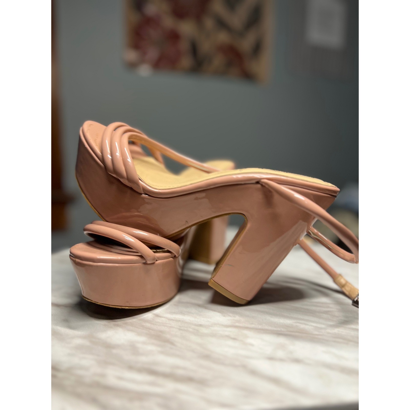 Shein Nude Pink Patent Platform Block Heel Strappy Sandals Size 6