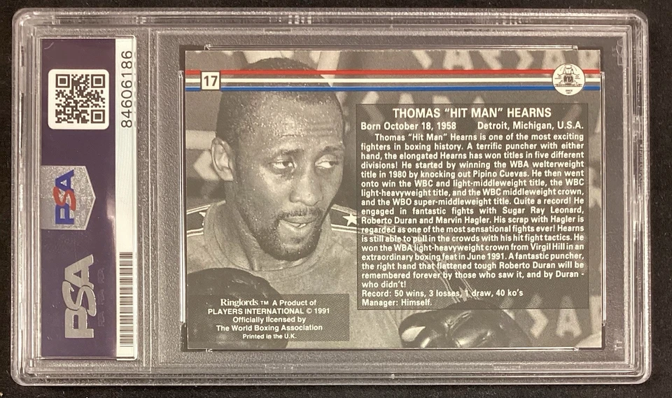 Thomas Hitman Hearns Signed 1991 Ringlords #17 Boxing Card PSA/DNA Auto Gem 10 - Image 2 of 2