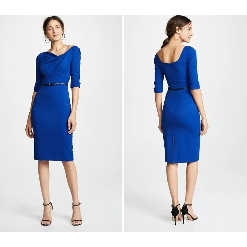 ЧЕРНЫЙ HALO 3/4 рукав Jackie O платье размер 6 в кобальтовый синий пояс оболочка $390 - Изображение 3 из 4