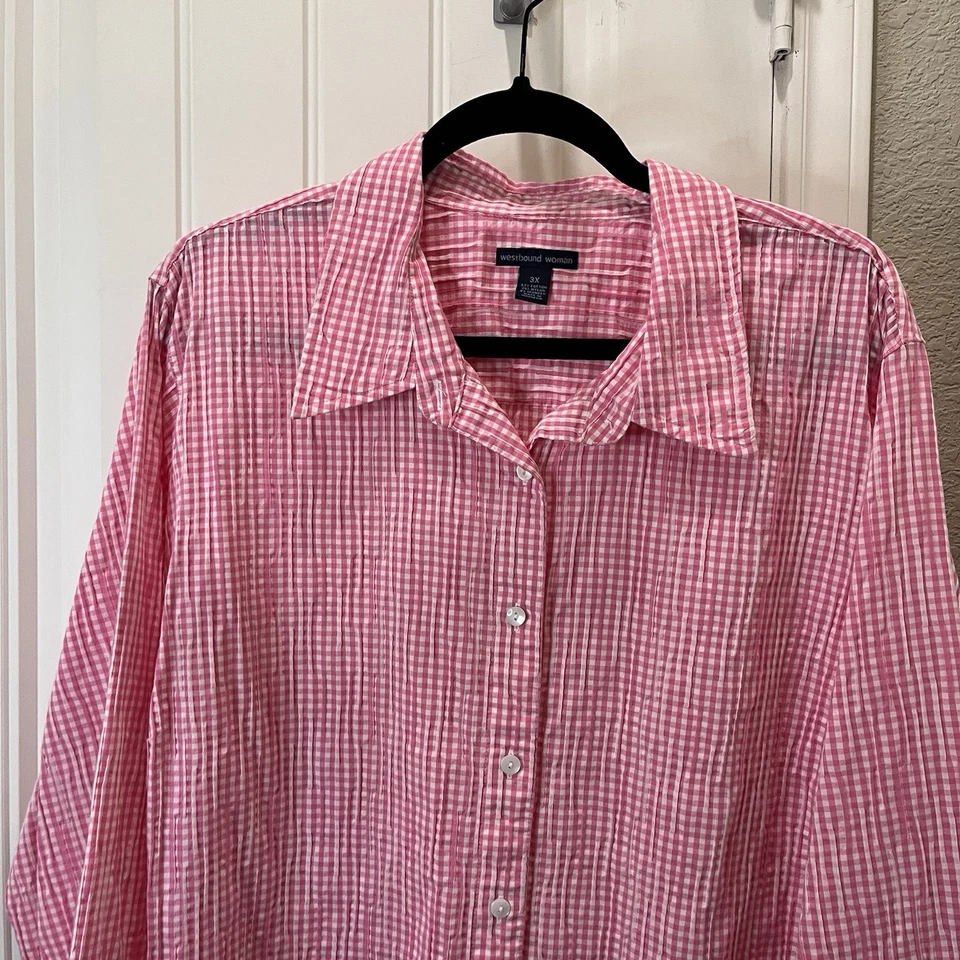 Westbound Woman Pink Checkered Plaid Button Up Long Sleeve Top Size 3X - Image 2 of 4