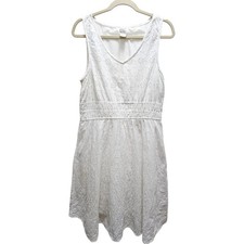 Nicole Miller New York White Eyelet Cotton Smocked Empire Waist Dress Womens L
