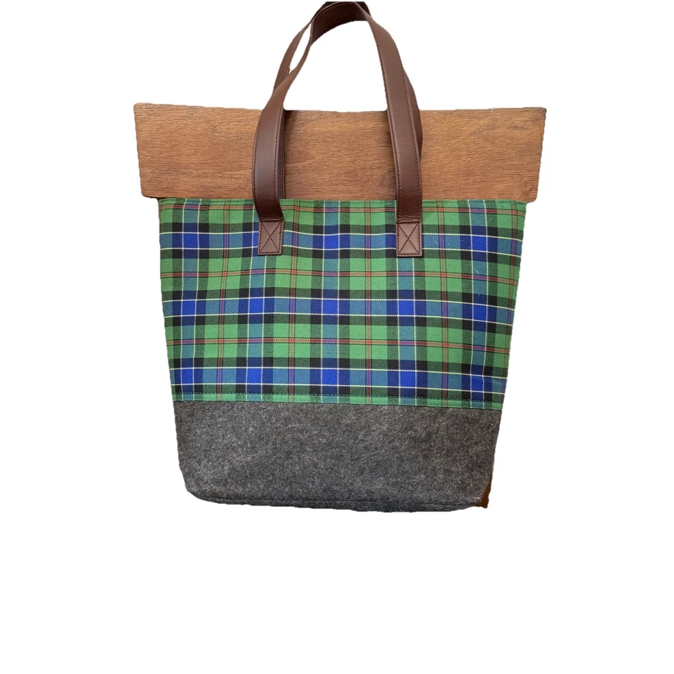 Bolso de Mano Mezcla de Lana Azul y Verde a Cuadros con Asa de Cuero Sintético Marrón Viaje Foto 2 de 4