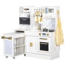 Kids Play Kitchen with Removable Cart, Wooden Toddler Kitchen Playset with Ov...