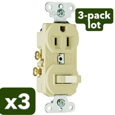 New 3-pack lot Pass & Seymour Combination Switch Receptacle 691-I Ivory 1P 15A