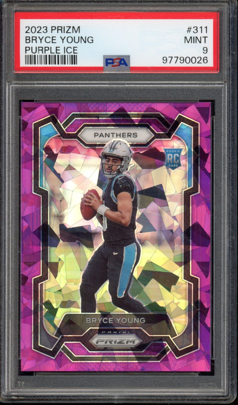 2023 Panini Prizm BRYCE YOUNG #311 RC Rookie Purple Ice /225 Panthers PSA 9