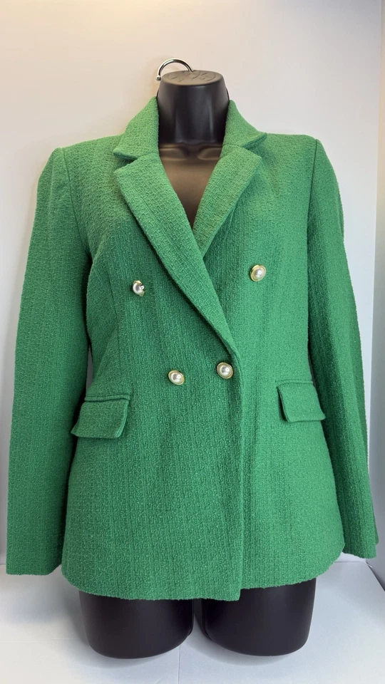 Blazer Nanette Lepore Tweed Verde Talla 4 Botones Dorado Perla Nuevo Sin Etiquetas Foto 2 de 4