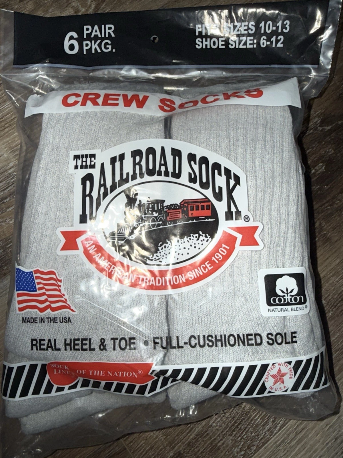 Railroad Sock ~ 6-Pair Gray Socks Crew USA Sock Size 10-13 Shoe Size 6-12