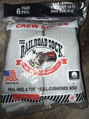 Railroad Sock ~ 6-Pair Gray Socks Crew  USA Sock Size 10-13 Shoe Size 6-12
