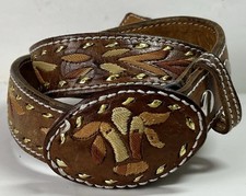 VTG Hand Stitched Leather Western Belt  Buckle Multi Color Brown Sz 33-35