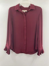 Loft women’s burgundy button up blouse pleated sleeves size small petite 090