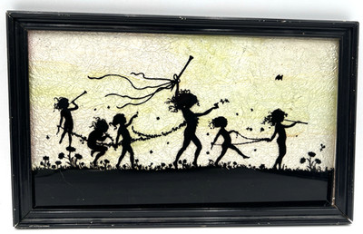 FOIL SILHOUETTE CHILDREN HAVING A PARADE 9'' X 15'' VINTAGE UNMARKED NEEDS WORK