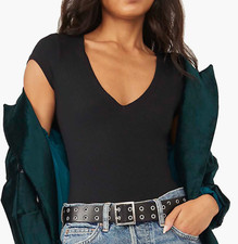NEW FREE PEOPLE INTIMATELY BLACK READY OR NOT RIB THONG BODYSUIT TOP SZ M