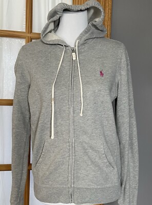 RL Sports Hooded Jacket Womens Sz L Full Zip Gray Pink Pony Classic City