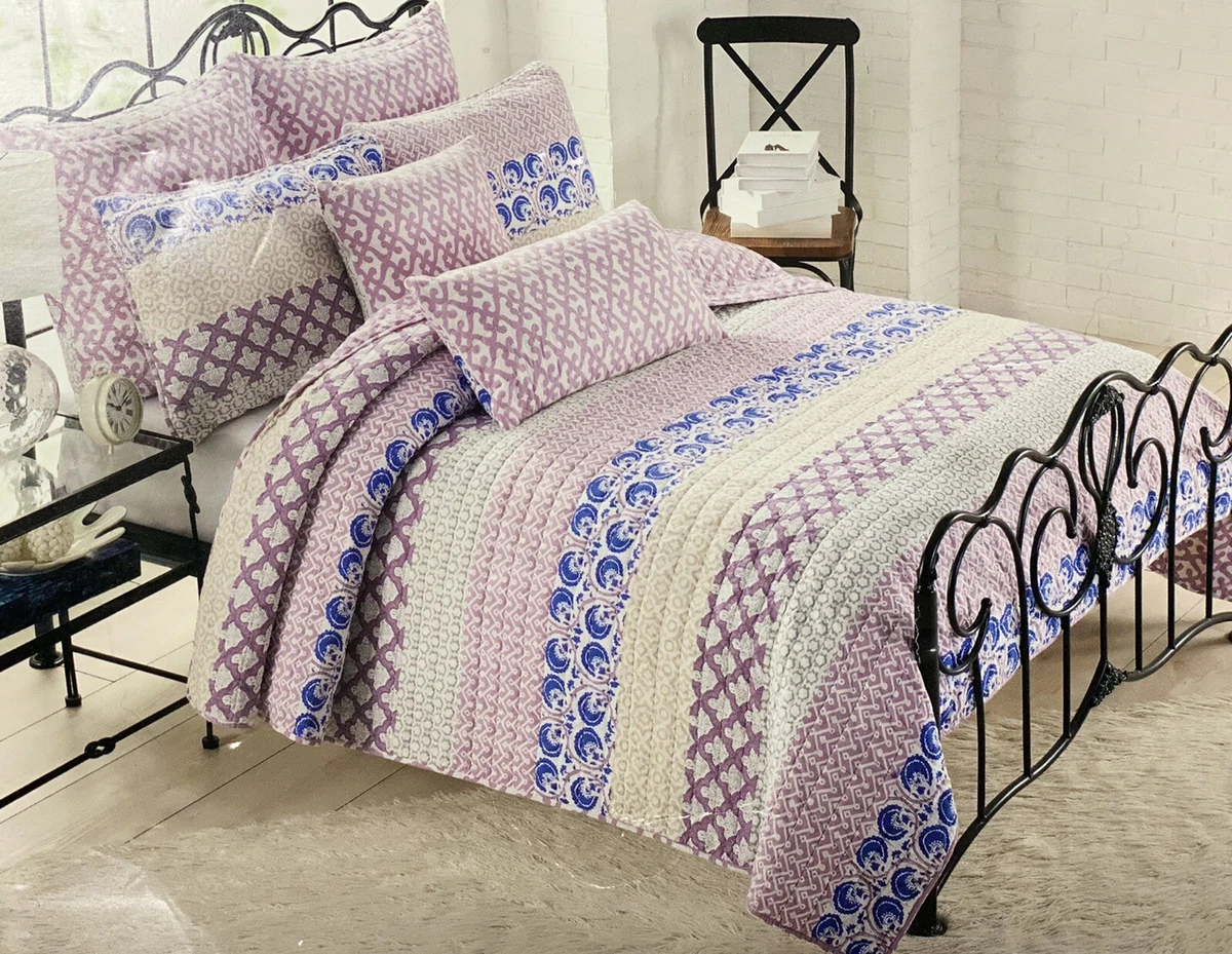 CYNTHIA ROWLEY PURPLE LAVENDER FLORAL STRIPE FULL QUEEN QUILT SET