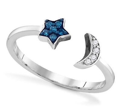 Blau & Weiß Diamant Ring 925 Sterling Silber Mond & Stern Himmelsband 0,10ct
