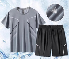 Men's Summer Ice Silk Quick-Dry Running Set, Lightweight Gym Shorts T-Shirt Set