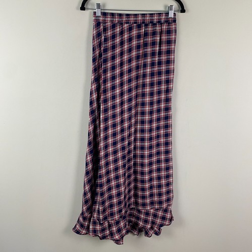 Max Studio Ruffle Maxi Skirt Womens Small Navy Blue Red Plaid Pull On - Picture 4 of 10