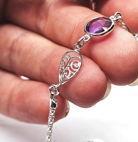 925 Sterling Silver Ladies Bracelet Purple Amethyst Chain Jewellery - 7.5inch - Imagen 9 de 15