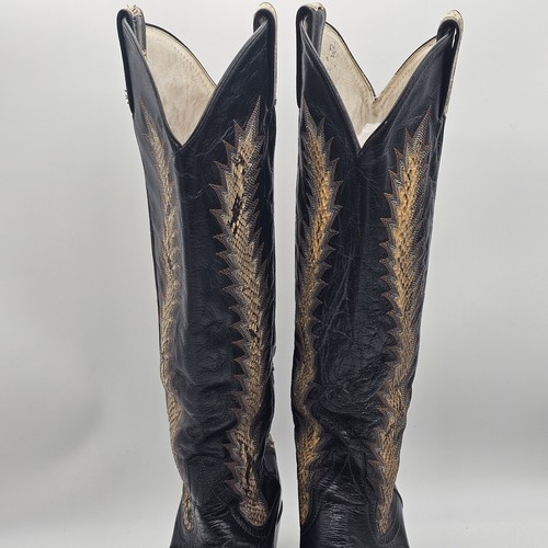 Vintage Larry Mahan Black Snakeskin Knee High Almond Toe Cowgirl Boots Size 7 B - Picture 5 of 14
