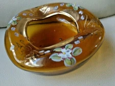 Floral Amber Glass Ashtray w/ Gold Decor White Flowers Hand painted Murano style