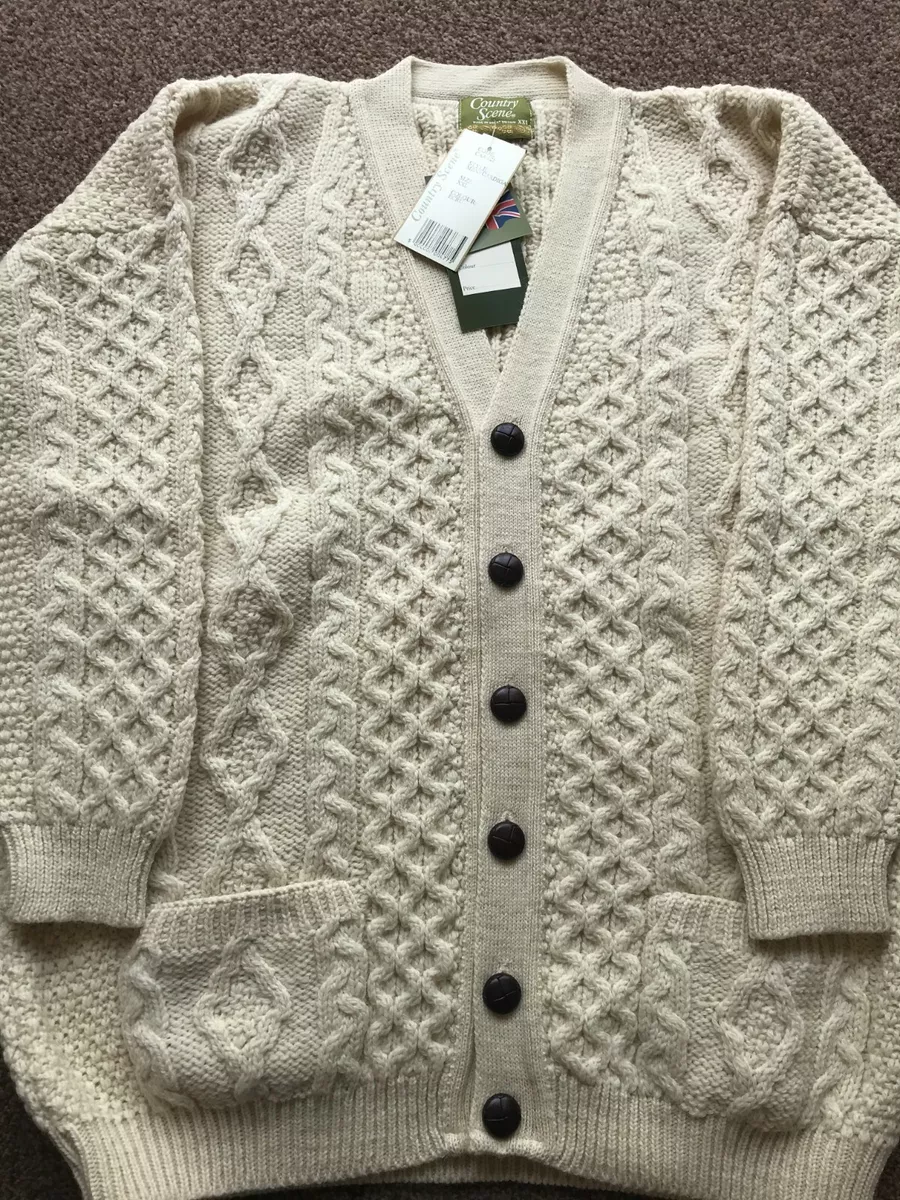 Traditional British Wool Aran Cardigan Chunky Cable Knit V Neck S
