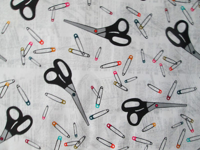 SCISSORS SEWING PINS WHITE PATTERN COTTON FABRIC FQ