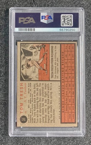 1962 Topps Rookie Tom Tresh #31 Baseball Card New York Yankees PSA 6(MC) EX-MT - Picture 3 of 3