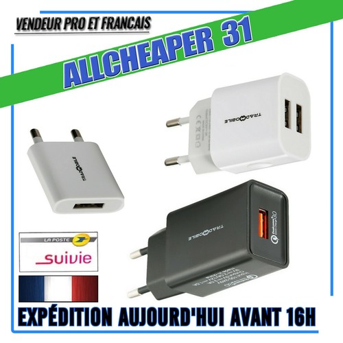 PRISE CHARGEUR SECTEUR USB 1A / 2A DOUBLE PORTS / 3A QC CHARGE RAPIDE - Foto 1 di 18