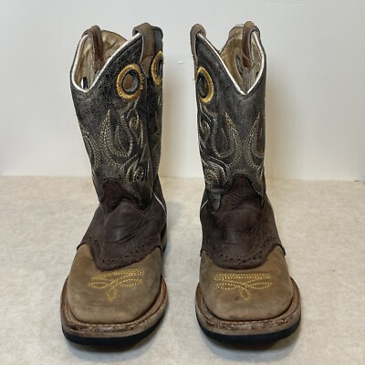 Old West Boys Bull Hide Print Western Boots Brown Kids Cowboy MEX 18.5 US 12.5