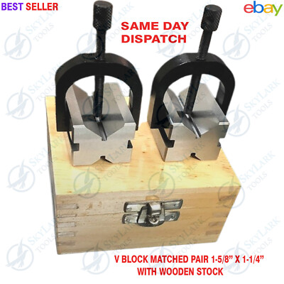 New Precision Engineers Vee Blocks Clamp Set - V Block Matched Pair Wooden Box