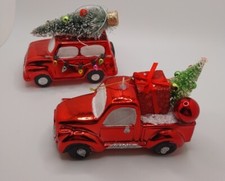 Shiny Cristmas Ornament Red Truck SUV Christmas Tree On Top VTG Holiday
