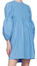 GANNI Smocked Puff Sleeve Dress Cornflower Blue Cotton Poplin Size 34 US 4