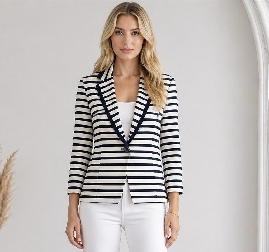 Alex Marie Womens Navy Stripe Blazer Size 8 Nautical Summer Cotton Stretch $149