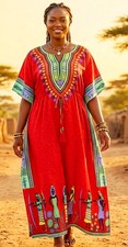 Womens Kaftan Long Red Polyester One Size African Print Maxi Caftan L-52"