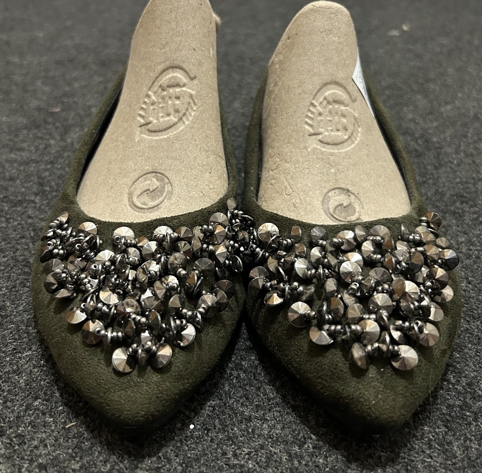 Wei Xin Dark Green Beaded Suede Pointed Toe Slip-On Flats for Women