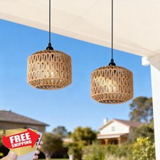 ALL FORTUNE Battery Operated Outdoor Chandelier 7.8" Rattan Pendant Light