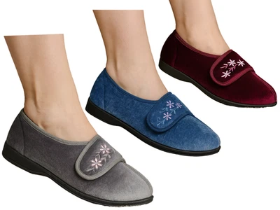 Women's Jo & Joe Slipper 3-8 Grey, Navy, Wine-Embroidered Velvet Comfy Slip On