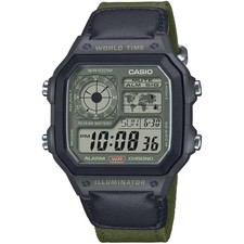 Casio Unisex Watch World Time Alarm Chronograph Green Strap AE-1200WHUB-3AVCF